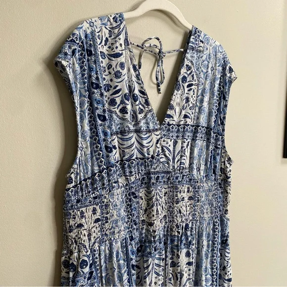 Old Navy Blue Paisley Print Waist-Defined Smocked Midi Dress Size XL Petite - Picture 7 of 15